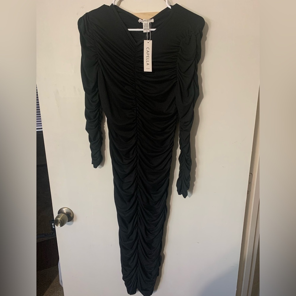 Capella Black Ruched Long-Sleeve Midi Dress